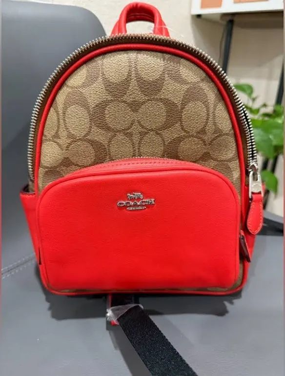 Coach NWT 2024 Mini Court Backpack Red Leather / Tan Signature Canvas CR285 $398
