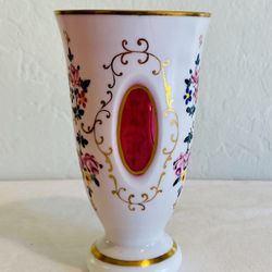 Vintage Czech Bohemian Cased Glass Vase White Cut to Cranberry Hand Painted Flowers