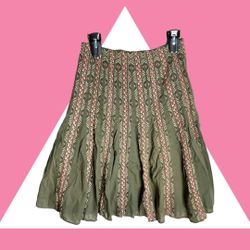 Silkland Olive Green Lined Skirt w Multicolored Embroidered Pattern Wm 6