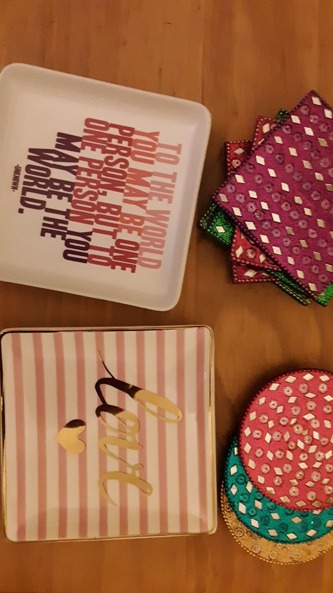 2 mini-quote plates & 8 bedazzled coasters