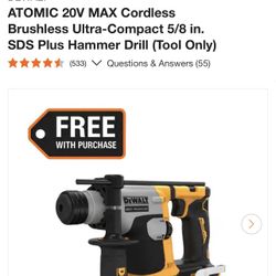 DEWALT ATOMIC 20V MAX Cordless Brushless Ultra-Compact 5/8 in. SDS Plus Hammer Drill (Tool Only) 