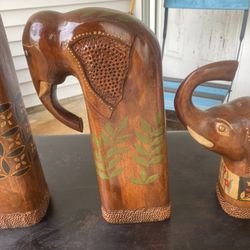 Set Of 3 Hand Carved  And Hand Painted Elephant Statues 