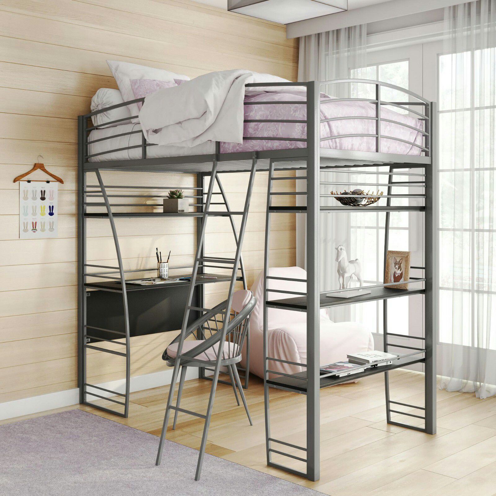 DHP Studio Twin Loft Bed with Integrated Desk and Shelves, Gray