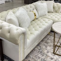 Yaz Cream Sectional Velvet , couch sofa 🛋 with gold legs and pillows / ivory sectional 🚚 same day delivery $899