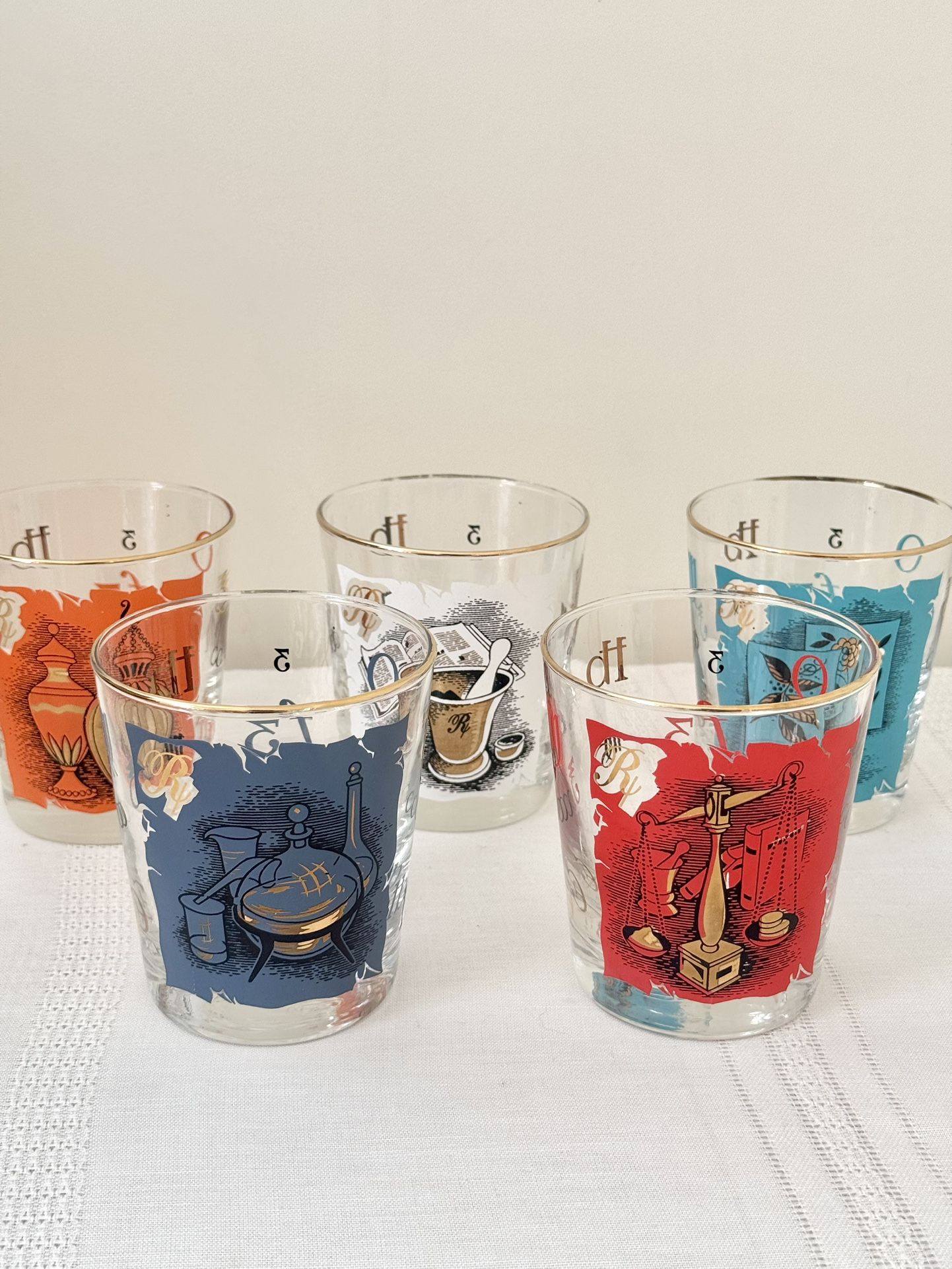 Vintage Libbey Apothecary Pharmacy Rx Gold Trim Rocks Glasses – Set of 5 – 4” Mid-Century Barware