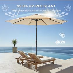 HOMSHADE 9ft Solar Patio Umbrella - Solar Lights LED Lighted UPF50+ UV Protection Umbrella, Outdoor Market Table Umbrella with Push Button Tilt, Crank