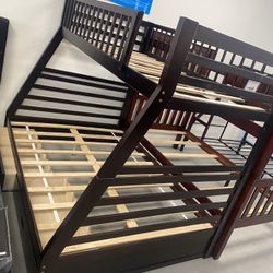Brand New Expresso Wood Bunk bed Twin Over Full With Storage Drawers  