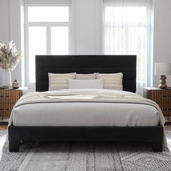 New-Black Upholstered Platform Bed Frame with Channel Tufted Headboard