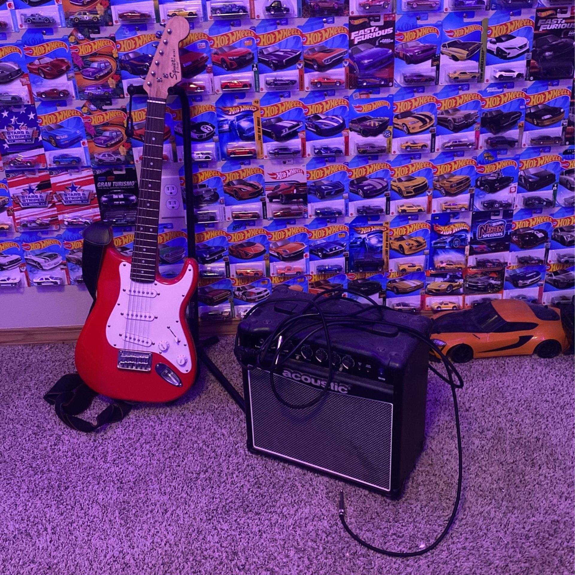 Red Guitar With Guitar Stand and AMP 