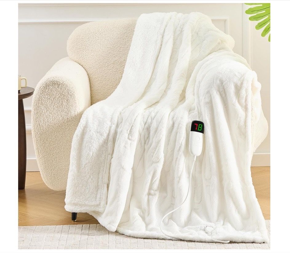 Heat Plush Cozy Blanket, 5-Position Timer &10 Heating Levels, 50'' x 60" White