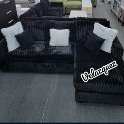 ✅️✅️2 pc black fur like wide welt corduroy sectional sofa with chaise✅️✅️