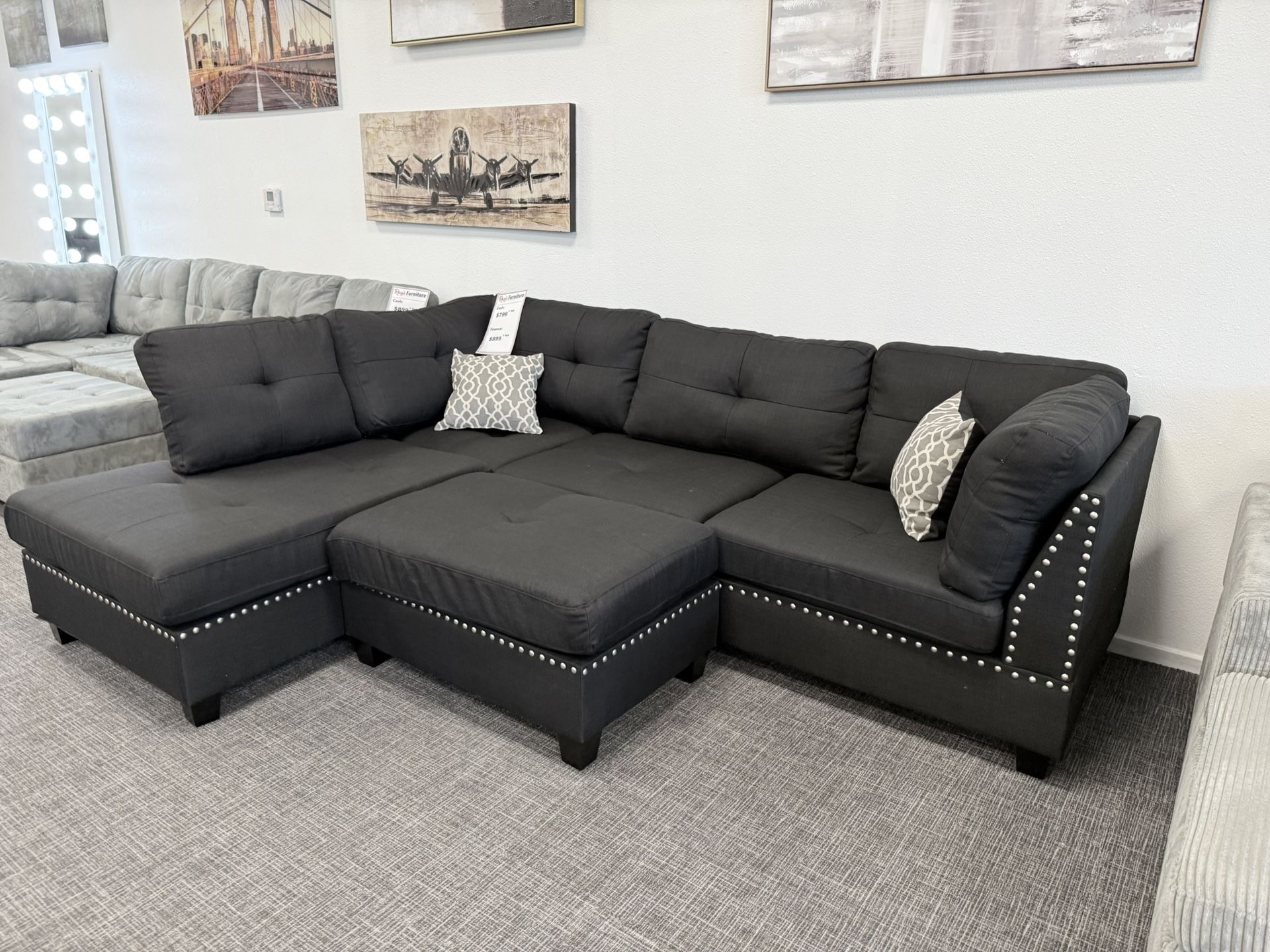 Black Sofa Sectional Set W/ Ottoman- EZ $10 Down Payment Options Available