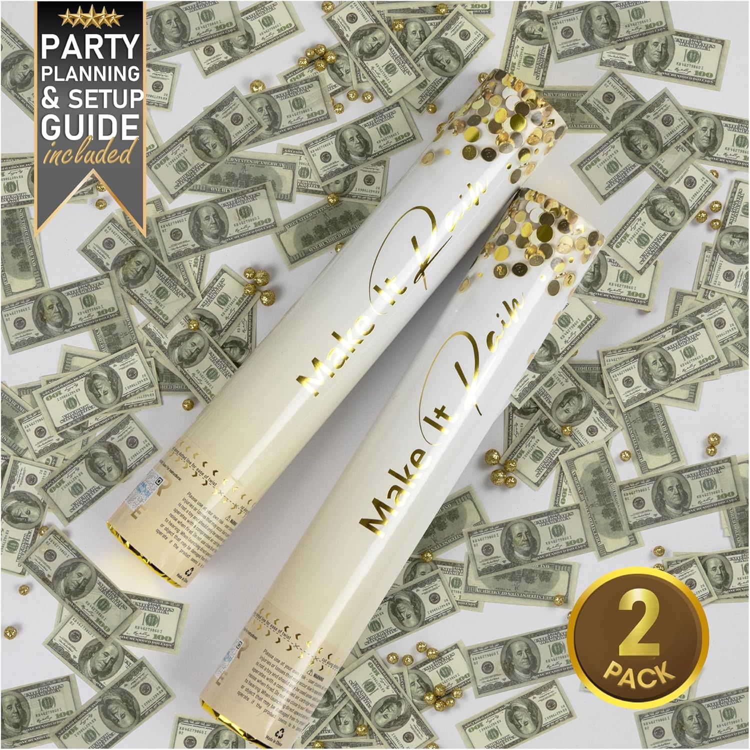 Money Confetti Poppers 2 Pack | Confetti Cannon Party Poppers Confetti Shooters for Events Birthday Celebrations | Bulk Small 100 Dollar Green Bills L
