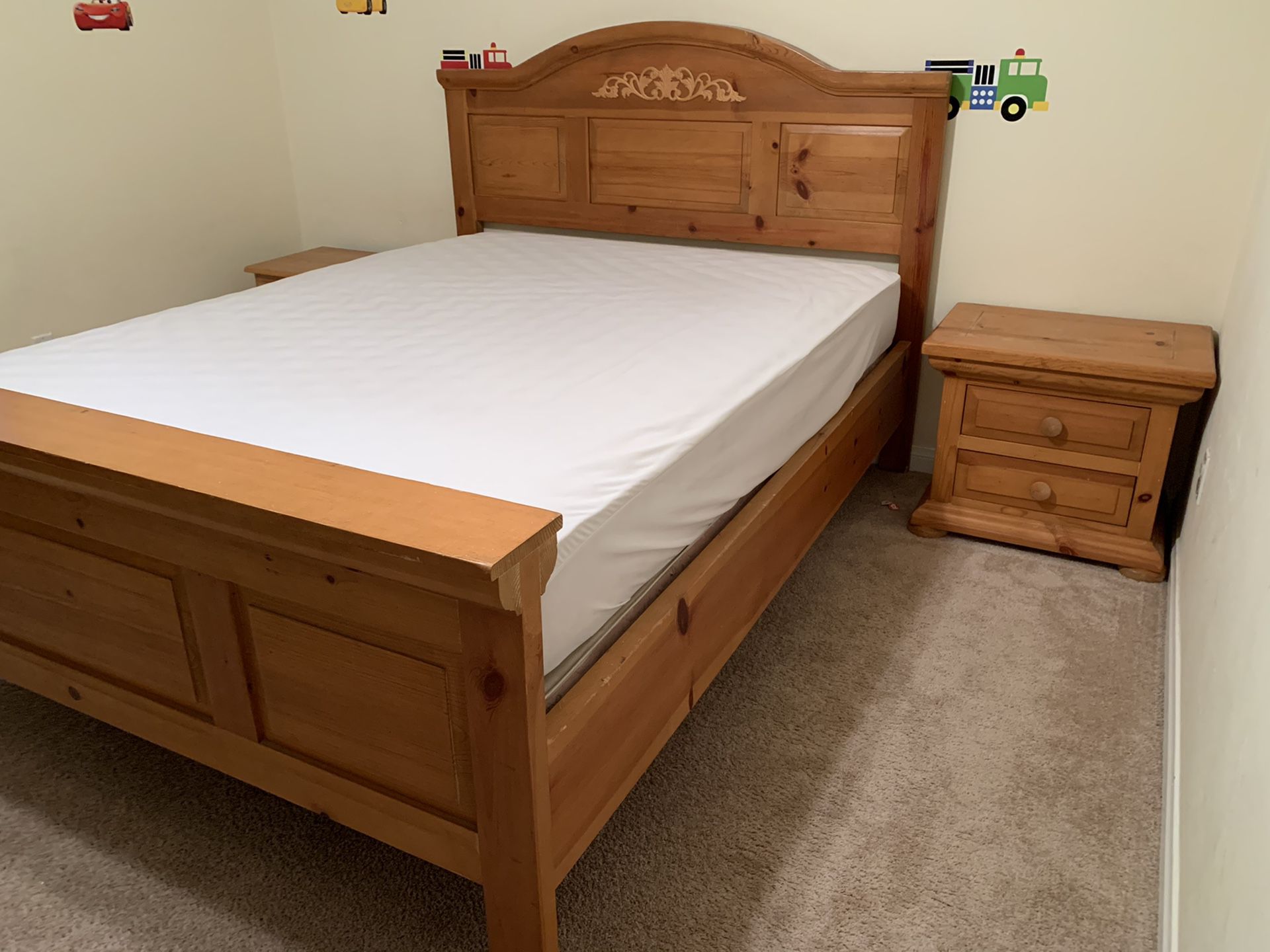 Queen size bed frame, night stand, mattress and box spring