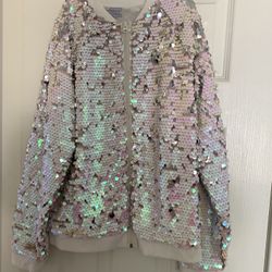 More Than Magic Girl's White Iridescent Sequin Jacket sz. 14/16 XL holographic 