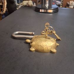 Solid Brass Heavy Duty Padlock Shaped Like A Turtle W/2 Skeleton Keys Secret Lock-Functional, Symbolic Carvings 5.25" X 3" Weighs 1LB