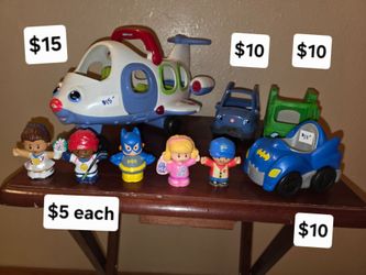 Little People-DC Super Friends - Bat Mobile Vehicle Toy $10, Airplane $15 , Blue Car for Little People Light-Up Learning Camper Set $10, recycling tru