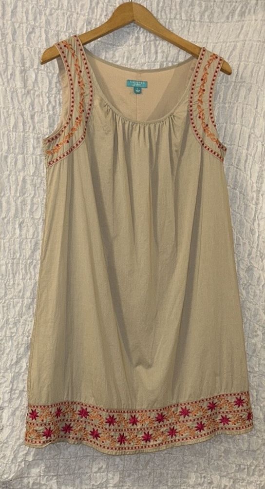 Calypso: Beige Sleeveless Dress with Orange & Red Embroidery, Lined, Size: L