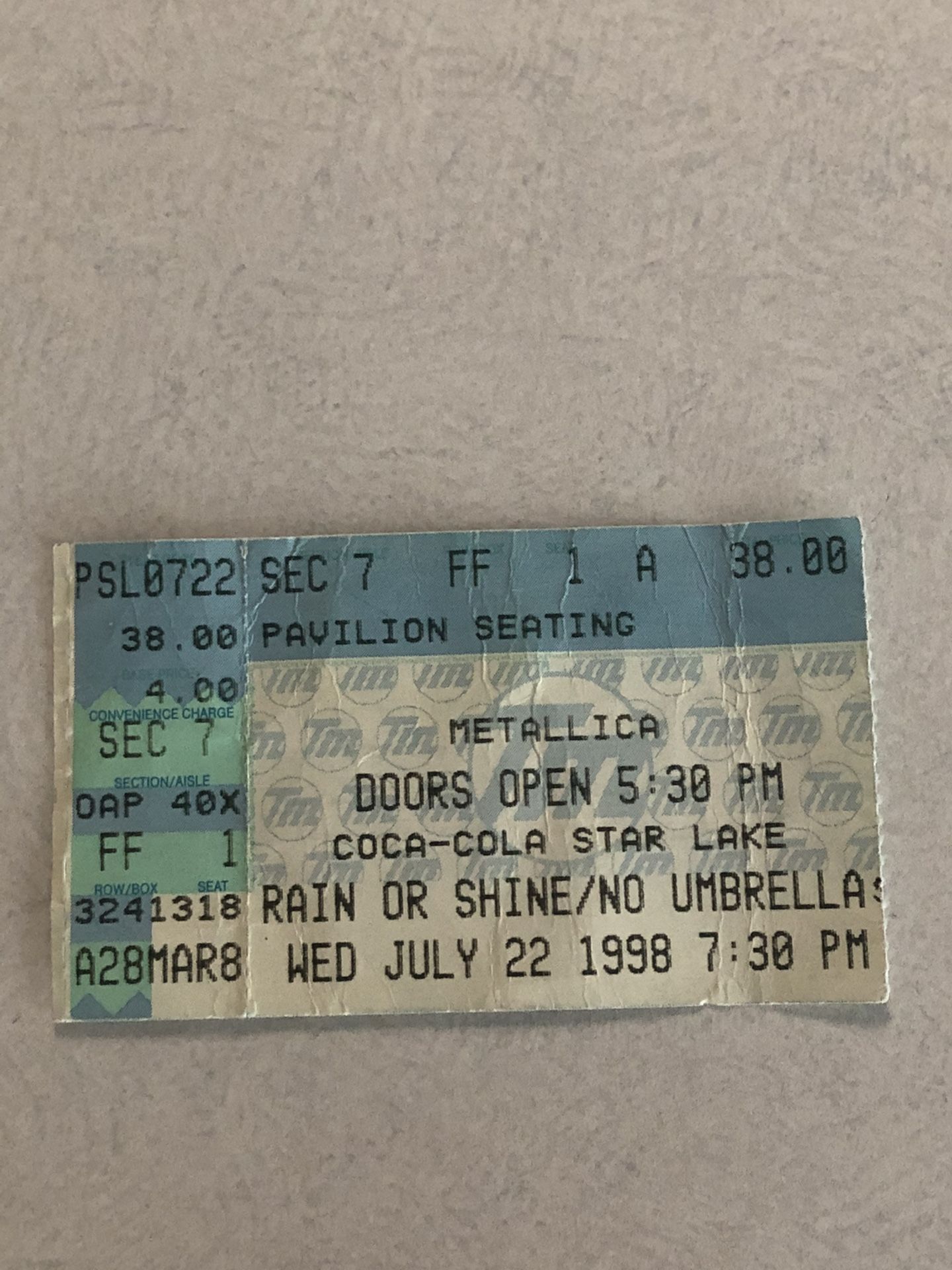 Metallica concert ticket July 22, 1998