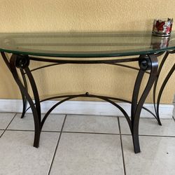 3 Piece Set Including Coffee, Side And Console Brass Colored Glass Top Table