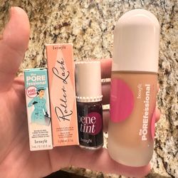 Benefit/ foundation, lip tint , pore primer, roller lash