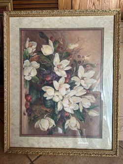 Vintage Home Interiors & Gifts Floral Wall Art – Magnolia Flowers – Ornate Gold Frame