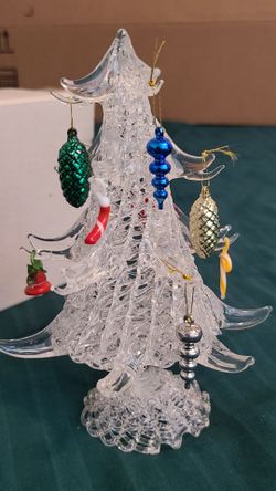 Vintage Glass Crystal Christmas Tree Figurine with Hanging Ornaments 5-6"