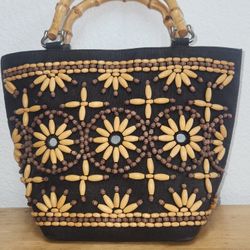 Vintage Wooden Beaded Tote Bag Boho Wood Bead Handbag Purse Shoulder Bag