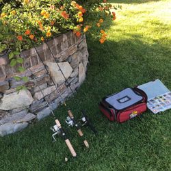 Three (3) Freshwater Fishing Rods And Reels Plus Tackle Bag With Over SIXTY (60) Spinners,Spoons,ect