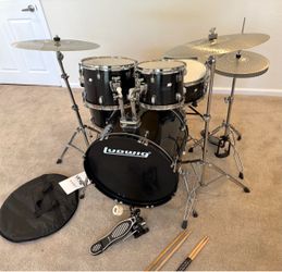 Ludwig Backbeat complete 5 piece drum set fusion size 22” bass new quiet cymbals stands hi hat pedal throne $435 cash in Upland 91784