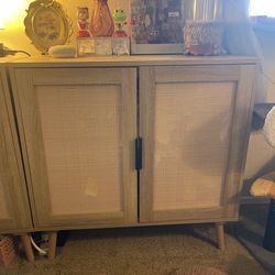 Oak Wood Rattan Storage Buffet Cabinet