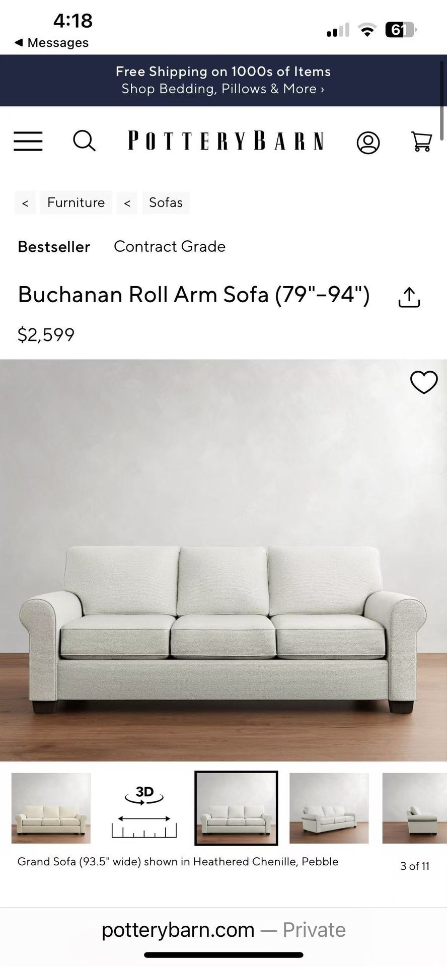Pottery Barn Buchanan Roll Arm Sofa 93.5”