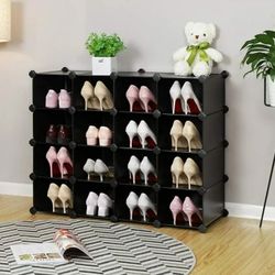 Shoe Rack,16-Cube Modular Storage,Space Saving Plastic Shoe Organizer Units, Closet Cabinet, Ideal for Entryway Hallway Bathroom Living Room Black

