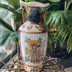 Vase 10” Satsuma Japanese Antique Geisha Girls Vase Hand Painted Pottery