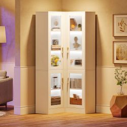 70.9" L-Shaped Bookshelf, 5-Tier Bookcase with LED Light and 4 Acrylic Doors