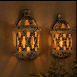 Pair Vintage Hand Painted Portuguese Style Ceramic Wall Lanterns Candle Sconces 11.5”