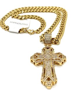 Necklace Stainless Steel 18K Gold Plated Big Size Cross With Cubic Zirconia, Width 9MM Size Length 24”