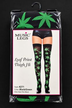 Music Legs Leaf Print Thigh High Stockings Black/Green