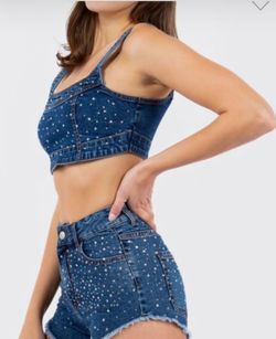 Crystal embellished denim shorts set