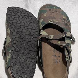 Birkenstock “Birki’s” - green camouflage w/yellow and brown followers