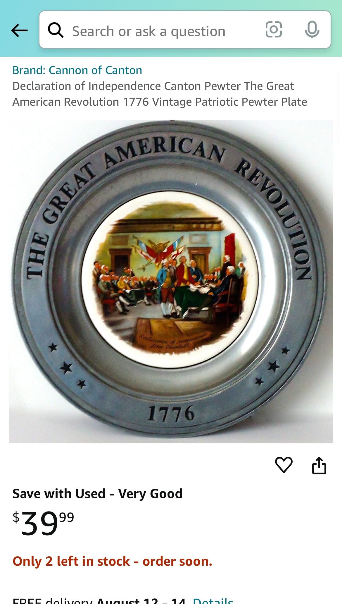1776 Vintage Patriotic Pewter Plate