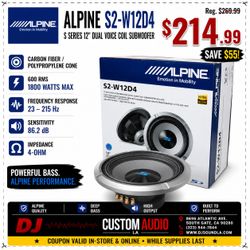 Alpine S Series Bass System Speaker 12" 1800 Watts 4-Ohm Subwoofer S2-W12D4 🚨 Payment Options Available 🚨 No Credit Needed 🚨