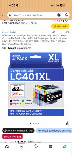 Eudul LC401XL 4-Pack Ink Cartridges for Brother