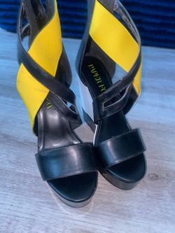 Paper Fox Colorblock Platform Wedge Sandals Black Yellow White