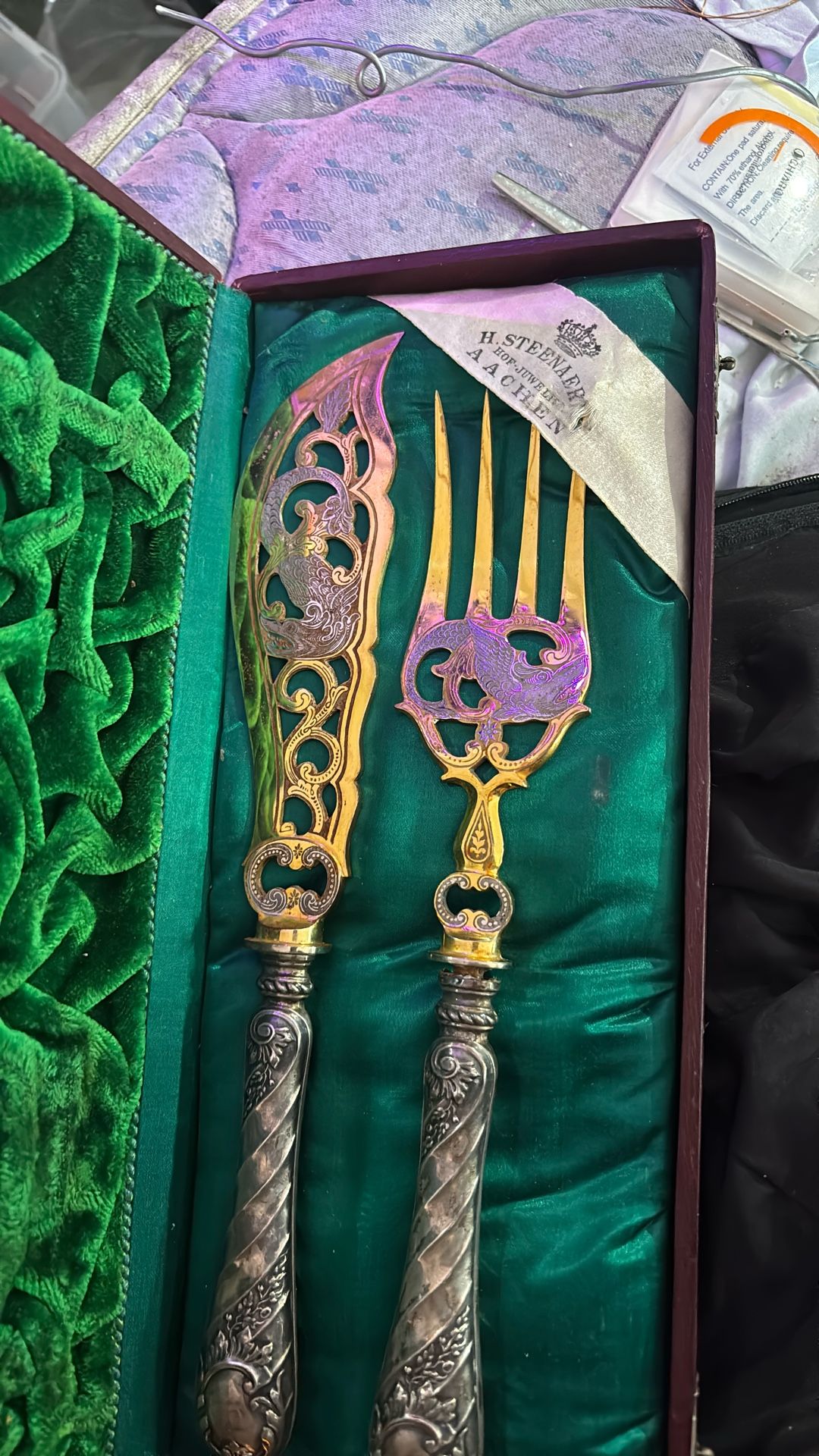 Antique Wilhelm Binder German 800 Silver Gold Plated Fish Set