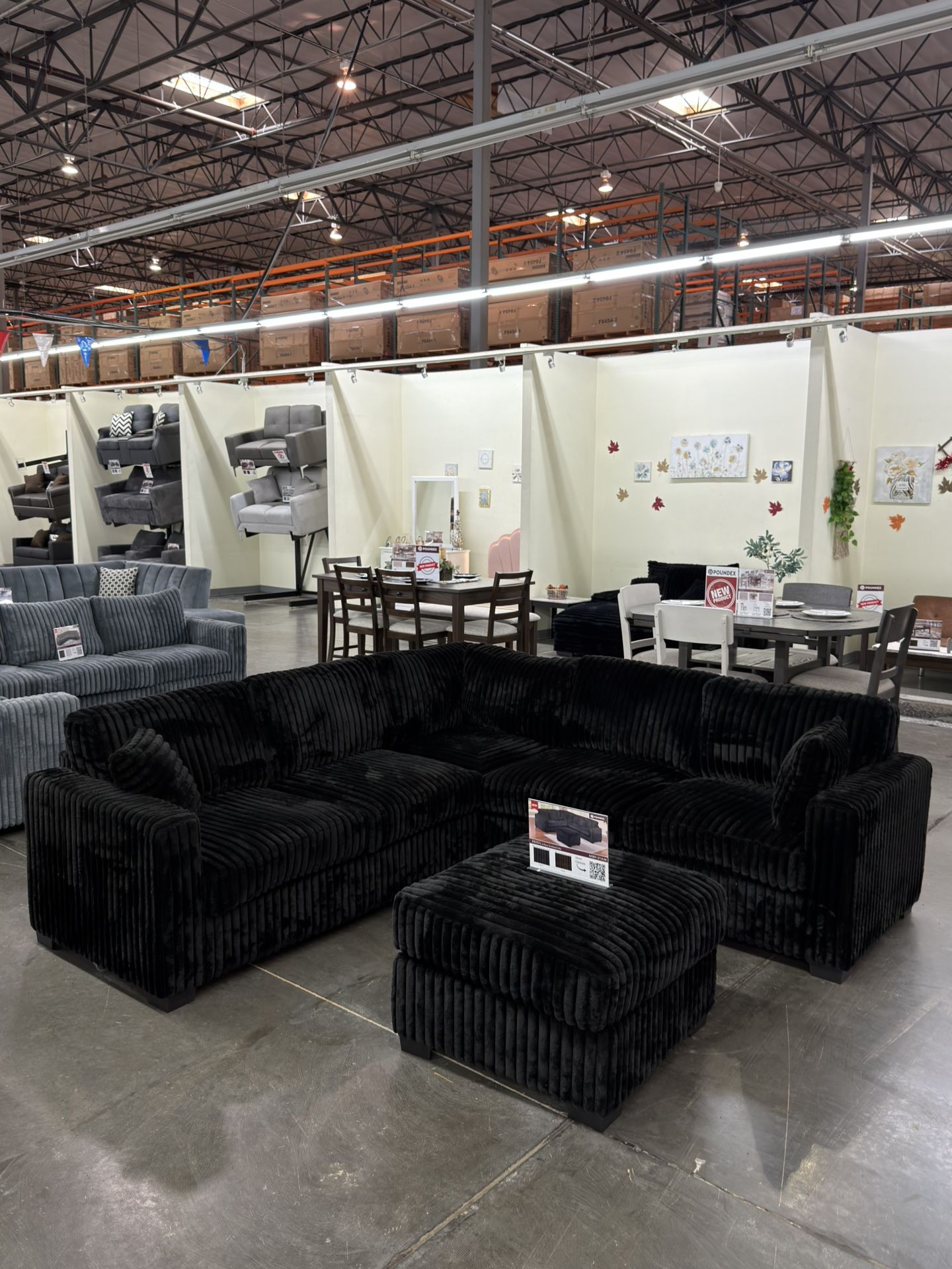 BLACK JUMBO CORDUROY SECTIONAL SOFA COUCH WITH OTTOMAN 