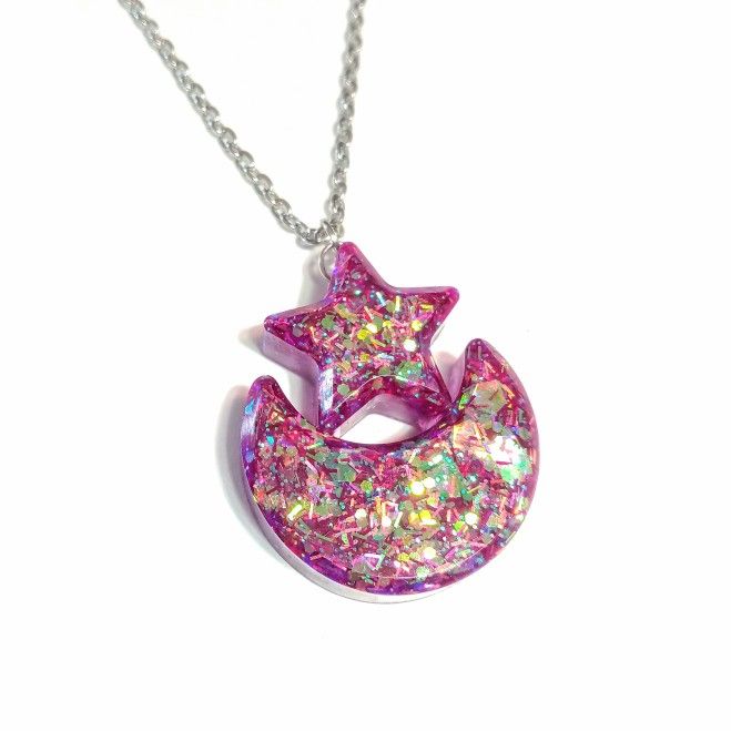 Sparkly Moon and star pendant purple with iridescent glitter on silver necklace new