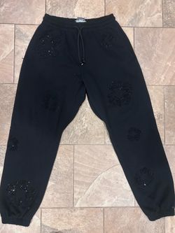 Black Denim tears pants with black rhinestone flowers Size SMALL🔥🔥🔥🖤