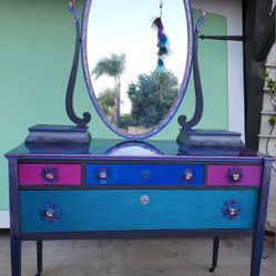 Hand Chalk Painted Antique Vanity Treasure With Crystal Handles Completely Unique One Of A Kind