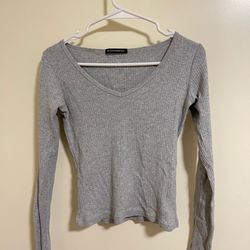 Brandy Melville Grey Ribbed Long Sleeve Top V-Neck Women's One Size Stretch Y2K